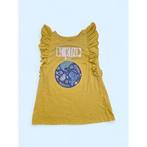 Cat & Jack Yellow Ruffle Sleeve Tee 'Be Kind To The Earth' Small Poms Size Large